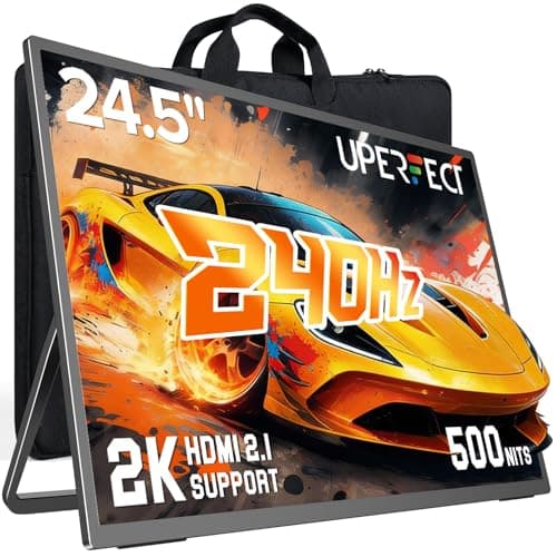 UPERFECT 2K 240Hz Portable Monitor, 24.5″ QHD 2560×1440 Portable Gaming Monitor, 0.1ms, 500 Nits, HDR, HDMI 2.1 & DP 1.4 with Stand & VESA Second Screen for Laptop, PC, Phone & Game Console
