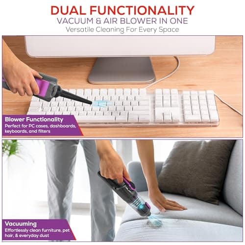HyperVac 2-in-1 Handheld Portable Car Vacuum Cleaner & Blower, 18500Pa Suction, Corded/Cordless Air Duster with LED Light, Flexible Hoses, USB-C Fast Charge – Ideal for Home, Office & Pets 6