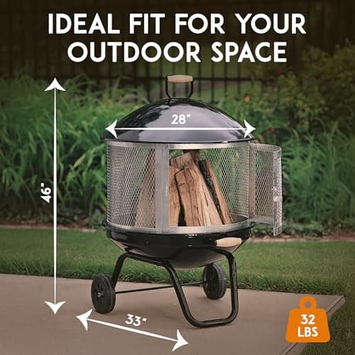 Fire Sense 01471 Fire Pit Bessemer Rolling Patio Fireplace Wooden Bonfire Porcelain Enamel Wood Burning with Wheels & Handle Grip for Outdoor Entertaining - Black & Silver - 28" 6