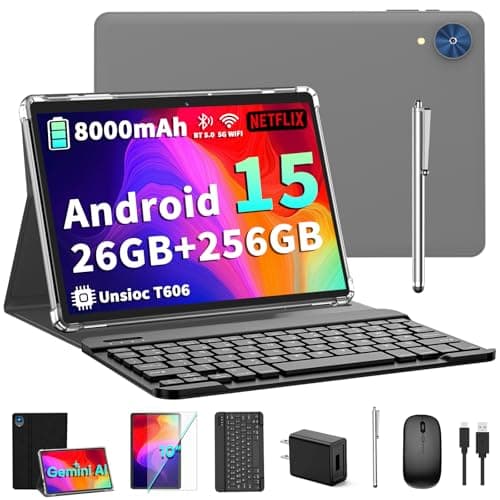 2026 Android 15 Tablet with Keyboard - 26GB+256GB+2TB Expand, Octa-Core, Gemini AI, 2.4G/5G Wifi, 8000mAh, Widevine L1, Dual Camera, 10 Inch 2 in 1 Tablets with Case, Mouse, Stylus (Black Case)