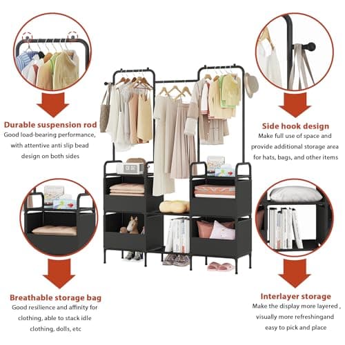 Laiensia Clothes Rack,3 Rods Portable Clothing Hanging Garment Rack,Coat and Shoe Rack with 4 Storage Shelves and 4 Storage Pockets,for Bedroom,Entryway,Living Room,Black 6