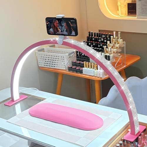 FFKJDM Large 29-inch Half Moon Light for Nail Desk,48W Lamp for Nail Desk with Hand Pillow and Phone Holder, Nail Desk lamp Pink for lash Eyelash Extension,Color Temperature 3000K-6000K (Pink)