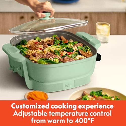 bella Make & Take Electric Skillet, Fits-anywhere™ kitchenware, EverGood™ Ceramic Coating, Adjustable Temperature & Dishwasher-Safe Tempered Glass Lid, Cast Aluminum Base, 1200 Watt, Seaglass 5