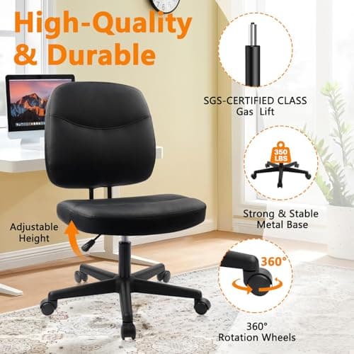 CLATINA Armless Home Office Chair, Small PU Leather Ergonomic Low Back Desk Chair with Lumbar Support and Wheels, Adjustable Height 360° Swivel Rolling Computer Task Chair, Black 5