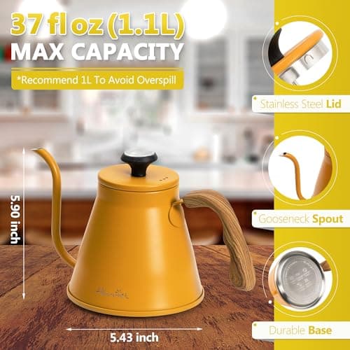 Harriet Gooseneck Kettle with Thermometer for Pour Over Coffee and Tea, 37 fl oz, Stainless Steel, Durable 3-Layer Base, Ideal Spout for Precision Pouring, Compatible with all Stove Tops, Yellow 5