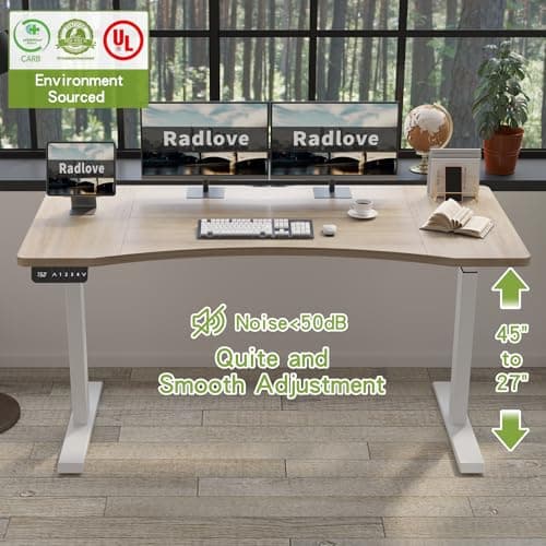 Radlove Dual Motors Height Adjustable 63 x 30'' Electric Standing Desk with Curved Design Stand Up Table 4 Memory Keys, Computer Desk with Splice Board Home Office Desk, Oak Top + White Frame 3