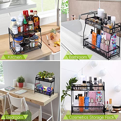 Flanney 2 Tier Metal Foldable Spice Rack Organizer for Countertop, Non-Slip Kitchen Bathroom Storage (Black) 6