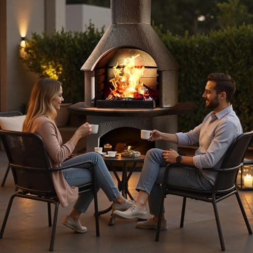 BIG HORN PRIME Concrete Outdoor Fireplace with Grill, Wood Burning Fireplace with Wood Storage and Chimney, Include Grill Rack & Charcoal Pan, 79.9”H 7