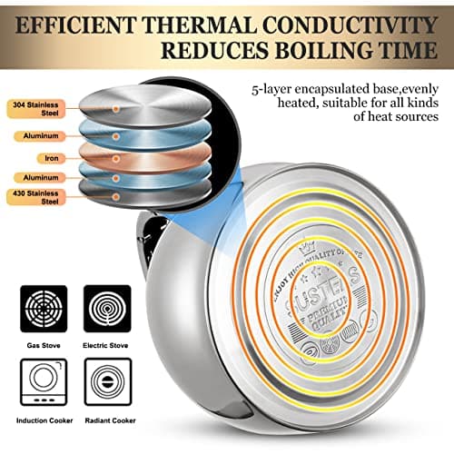 SUSTEAS Stove Top Whistling Tea Kettle - Food Grade Stainless Steel Teakettle Teapot with Cool Touch Ergonomic Handle, With 1 Silicone Pinch Mitt Included,2.64 Quart(SILVER) 3