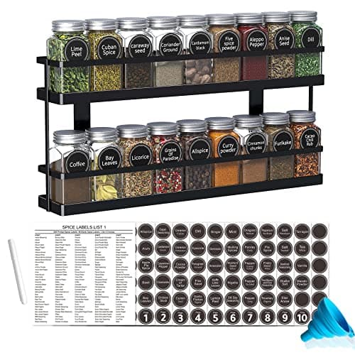 New England Stories Spice Rack Organizer with 18 Empty Square Spice Jars, 386 Spice Labels with Chalk Marker and Funnel Complete Set, for Countertop, Wall Mount or Cabinet Pantry Door, Black