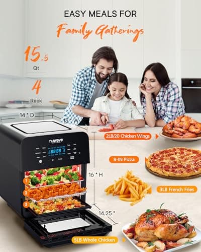 Nuwave Brio 15.5Qt Air Fryer Toaster Oven & Rotisserie Kit, 2024 New Advanced Turbo Convection Tech, Healthy PFAS Free, Max Even & Crisp, Powerful 1800W, 50-425°F, 150 Presets, Smart Probe, 4 Rack 6