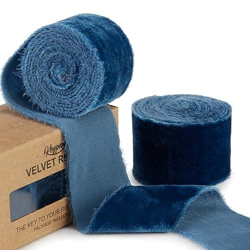Keypan Blue Velvet Ribbon for Gift Wrapping - 1 1/2 inch Wide Handmade Fringe Fabric Ribbons for Christmas Decorations, Baby Shower, Flower Bouquet