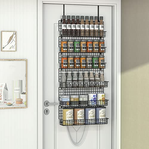 JKsmart 6-Tier Spice Rack Organizer with Door Hook, Wall Mounted & Over the Door Spice Racks for Kitchen Pantry Door Cabinet, Two Size, Large Capacity, Black 6