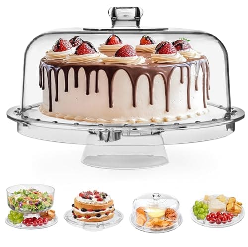 HBlife Cake Stand with Acrylic Dome Cover (12.2"), Multifunctional Serving Cookie Platter Punch Bowl and Cake Plate for Dessert Table Display for Parties (6 Uses)