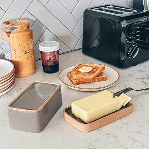 Mora Ceramic Two-in-One Butter Dish with Lid, Covered Butter Crock Container to Leave on Countertop - Large Storage Keeper/Holder for Kitchen, Gifts for Her, Butter Tray For Counter - Sesame Milk 7