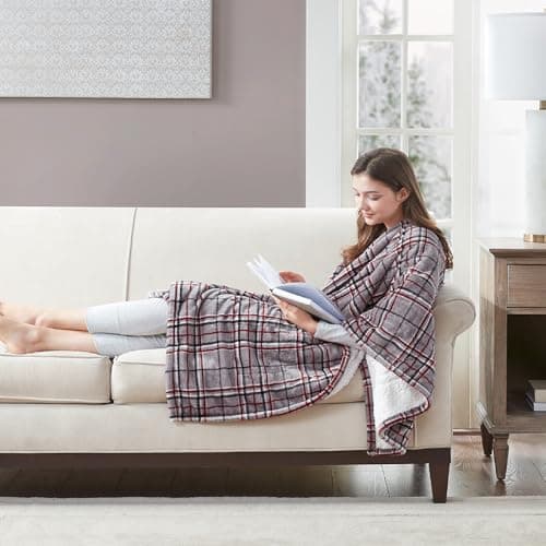 Degrees of Comfort Heated Sherpa Wrap Shawl, Cozy Winter Electric Blanket Throw, Snuggie for Grandma Mom Women, Washable, Auto Shut-Off, Reversible 50 x 64 Inch, Grey Plaid 6