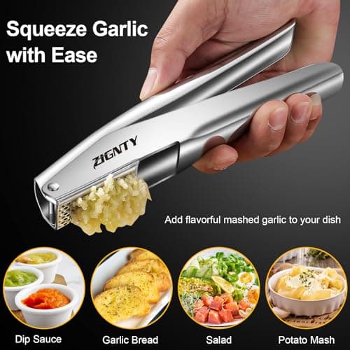 ZIGNTY Garlic Press Stainless Steel，Premium Garlic Mincer Tool，No Need to Peel Garlic Ginger Crusher & Masher Easy Squeeze Large Trough Ergonomic Handle，Rust Proof，Dishwasher Safe (5 Years Warranty) 6
