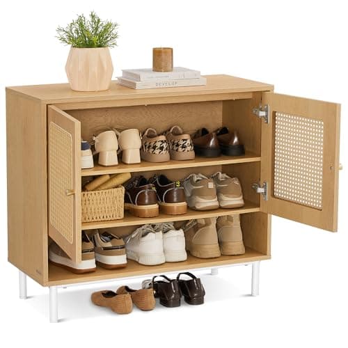 VASAGLE Natural Rattan 3-Tier Shoe Cabinet, 16 Pair Shoe Storage Cabinet, Boho Style Shoe Organizer with Height-Adjustable Shelves and Steel Legs, for Entryway, Closet, Hallway, Oak Beige ULBC049N01