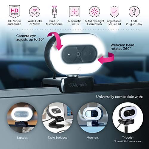 Aluratek 1080p HD Webcam with Ring Light, Auto Focus and Directional Noise Cancelling Mic, Universally Compatible, LED Adjustable Ring Light 7