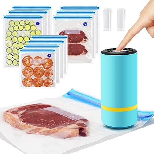 Sous Vide Bag & Handheld Vacuum Sealer, Portable Mini Sealer With 10 PCS Reusable Food Storage Zipper Bags for Anova, Joule Cookers, Rechargeable Small Electric Pump Set