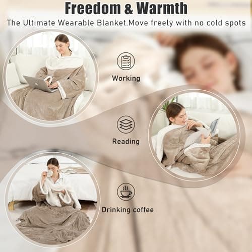 COZYTY Electric Snuggle Throw Blankets with Foot Pocket, Wearable Heated Throw with Sleeves & Hood, 6 Heat Levels & 1-4H Timer, Full Body Warmth, The Perfect Warming Gift for Women & Men, Camel 7