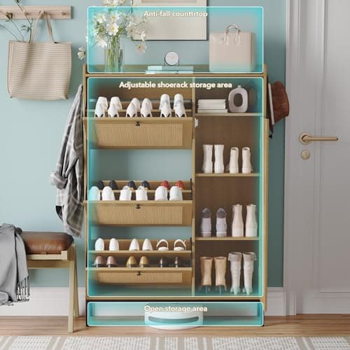 Shoe Cabinet, Natural Rattan Freestanding Shoe Organizer with 3 Flip-out Drawers and 4 Open Shelves Side Cabinet, Slim Wood Shoe Rack with Metal Legs for Entryway, Hallway, Living Room (Natural Color) 4
