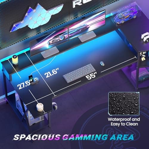 SEDETA Gaming Desk 70.8'' with LED Lights and Storage Shelves, Computer Desk with Monitor Stand, Power Outlets and Cup Holder, Large PC Gamer Desk, Gaming Table for Bedroom, Living Room, Black 5