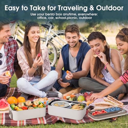 Reabulun Bento Box Adult Lunch Box, Stackable 2 Layer 304 Stainless Steel Lunch Container for Adults Kids Office, 2L Capacity Portable Lunch Box Containers with Soup Bowl Spoon and Fork 7