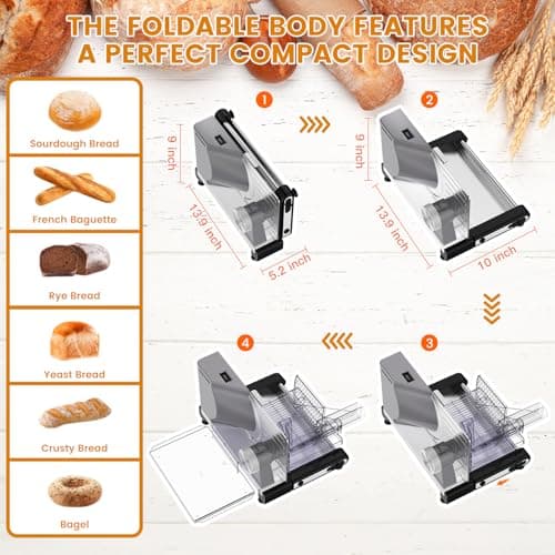 AERKINE Bread Slicer for Homemade Bread - 120W Deli Food Slicer with Removable 6.7" Stainless Steel Blades, 0-18mm Adjustable Thickness, Sourdough Bread Slicer for Homemade & Commercial Use 6