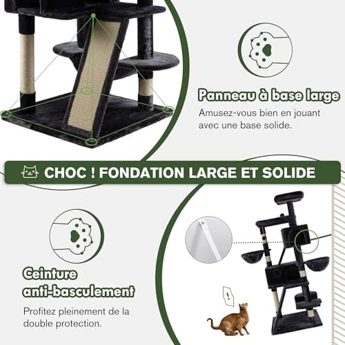 MUTICOR 66 Inches Multi-Level Large Cat Tree Tower for Indoor Big Feline/Cozy Plush Perches/Condo/Sisal Scratching Posts/Hammock and Baskets/Activity Center Play House/Wide Base/Dark Grey 7