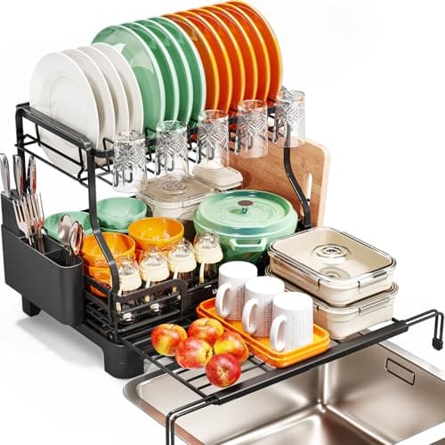 Urackify Extendable Dish Drying Rack, Multifunction Dish Rack for Kitchen Counter, Expandable Dish Drainer Over Sink, Large Dish Strainer with Cups Holder, 2 Tier Matte Black