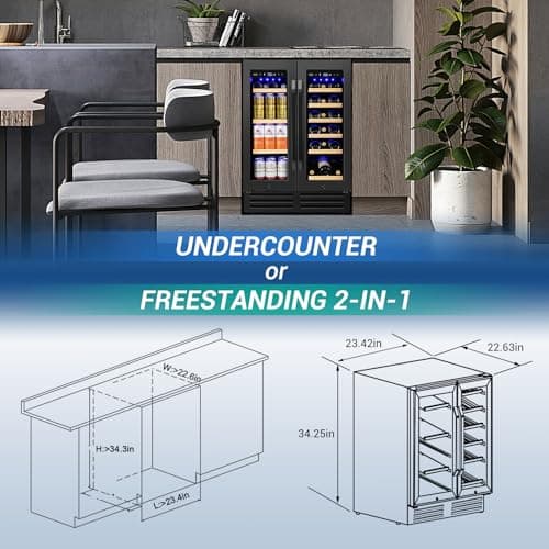 Wine and Beverage Refrigerator Black, 24 Inch Beverage Cooler Under Counter Dual Zone with Glass Door&Lock, 18 Bottles and 68 Cans Large Capacity for Beer Soda Drink, Built-In or Freestanding Fridge 6