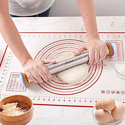 Rolling Pin and Silicone Baking Pastry Mat Set, Stainless Steel Dough Roller, Rolling Pins with Adjustable Thickness Rings, for Baking Fondant, Pizza, Pie, Pastries, Pasta, Cookies 7