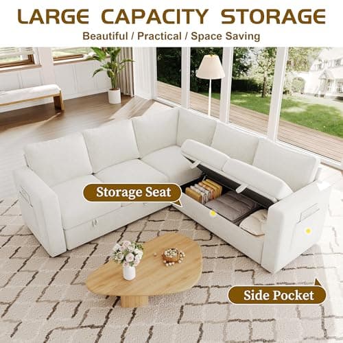 SUAWY 83.5" Sectional Sleeper Sofa with Pull Out Couch, Modern 5 Seat L Shaped Modular Couch, Sectionals Modular Sofa with Storage, Comfy Sectional Couches for Living Room & Apartment, Light Beige 5