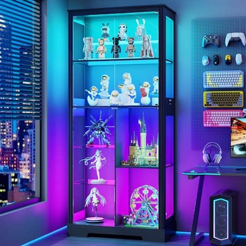 71” Glass Display Cabinet with RGB Light - Curio Cabinet with Glass Doors for Collectibles, 7-Tiers Tall Display Case with Human Sensor, Showcase with Removable Shelves for Figures, Lego (Black)