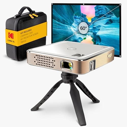 KODAK Luma 75 Complete Kit – Ultra Mini DLP Pocket Projector with Case, Tripod & 60” Screen, Rechargeable Battery, Built-in Speaker, HDMI, USB, MicroSD – Portable for Home, Office, & Outdoor (White)