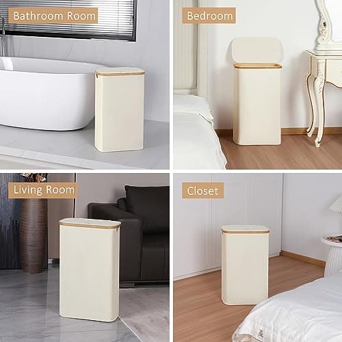 iEGrow 65L Slim Laundry Hamper, Narrow Laundry Basket with Lid,Foldable Clothes Hamper with Bamboo Handles,Hamper Basket with Removable Inner Bag for Laundry Room Bedroom College Dorm,17.17 Gals Beige 7