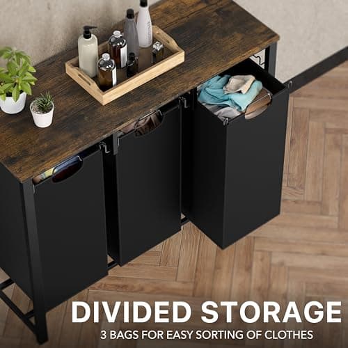 Simple Houseware 3-Section Laundry Sorter with Tabletop Shelf, 3 Pull-Out 10-Gallon Hampers, Metal Frame Laundry Organizer for Bedroom, Bathroom, Rustic Brown 8