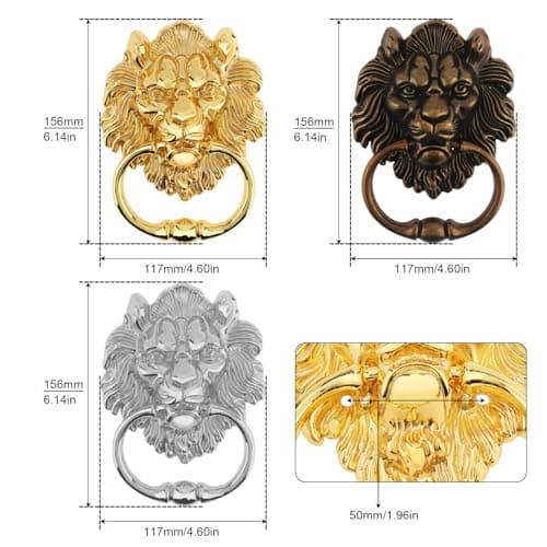 HOJLKLD 6 Inch Lion Head Knocker, Classical Decorative Front Door Knocker Pull Handle with Mounting Screws (1, Gold) 2