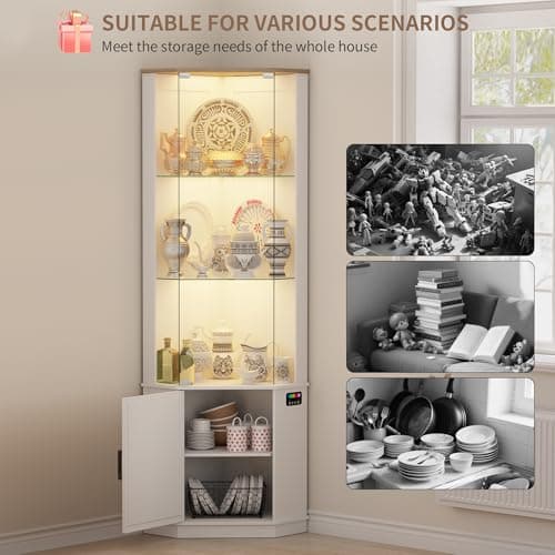 Lvifur 69" Corner Glass Display Cabinet with RGB Lights,3-Tier Movable Glass Shelves,Curio Display with Human Body Sensor,Bookcase with Storage Cabinet for Toys,Books,Collectibles,Liquor,White 5