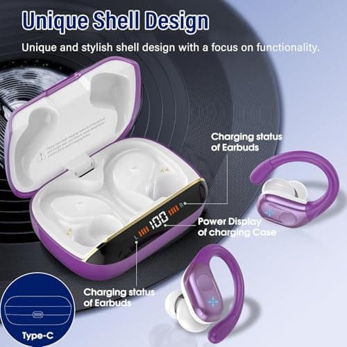 Qecnato Wireless Earbuds Bluetooth 5.4 Headphones 75H Stereo Deep Bass Sports Over Ear Buds with Earhooks, LED Display Bluetooth Earbuds with 4 ENC Mic, IP7 Waterproof Earphone for Running,Dark Purple 5