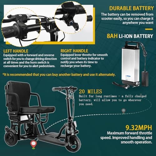 New Upgrade Folding Mobility Scooters Seniors All Terrain,20 Miles Lightweight Scooter for Adults, 9.3 mph Mobility Scooter with Airline Battery, Lightweight Folding Scooters,Fully Assembled 7