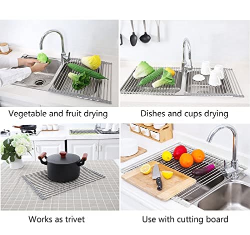 Tomorotec 17.7" x 15.5" Roll Up Dish Drying Rack Over Sink Drying Rack Sink Cover Kitchen Sink Accessories Gadget Multipurpose Organizer Foldable Stainless Steel Drainer (Grey) 8