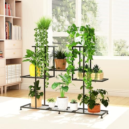 Twhep Metal Plant Stand, 5 Tiers Multifunctional Plant Stands for Indoor Plants, Decorative Black Steel Plant Shelf for Indoor Patio Garden Balcony and Yard (4 tiers 12 pots) 8