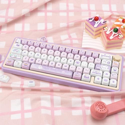 COOMICKEY PBT Keycaps, MOA Profile Keycaps 132 Keys Dye Sublimation Purple Cute Cat Customized Keycap Set for ANSI Layout Cherry MX Switches Mechanical Keyboards 6