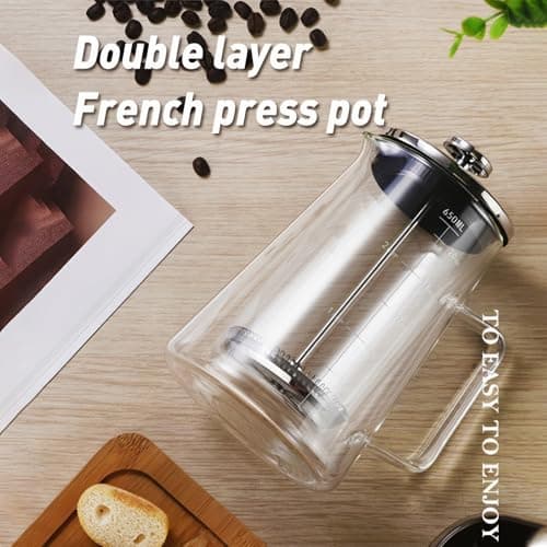 HOOVIEN French Press Coffee Maker 22Oz - Double-Wall Insulated Borosilicate Glass - Ergonomic Handle - Coffee Gift - Tea & Coffee Press 5
