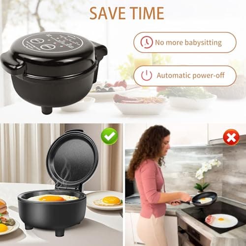 Hyvance Smart Fried Egg Cooker, Automatic Fried Egg Maker for 6 Features like Sunny Side Up, Over Easy, Fully Cooked & More. Auto Power Off, Alarm, Round Shape, Non Stick Coating (Black) 5