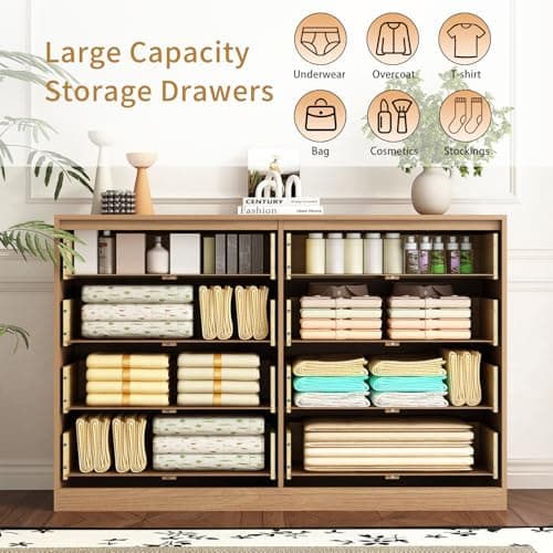 Sscaktu 8 Drawer Dresser for Bedroom, Modern Fluted Double Dresser, 55" Wide Chest of Dressers, Mid Century Wooden Beside Table for Closet, Living Room and Entryway, Natural 5
