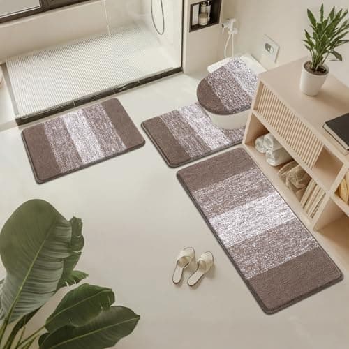 Bsmathom Bathroom Rugs Sets 4 Piece with Toilet Lid Cover, Non-Slip Bathroom Rugs and Mats Sets, Absorbent Bath Rugs Microfiber Shaggy Machine Washable Bath Rug Set, Coffee 7