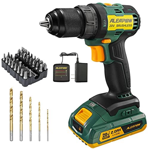 ALEAPOW D10 Cordless Brushless Drill Driver Kit, 20V, 2-Speeds(0-1650RPM), 350 In-lbs, 3/8' Keyless Chuck, 20+1 Torque Setting, 2.0Ah Battery, Charger, LED, 38 Pcs Drill/Driver Bits